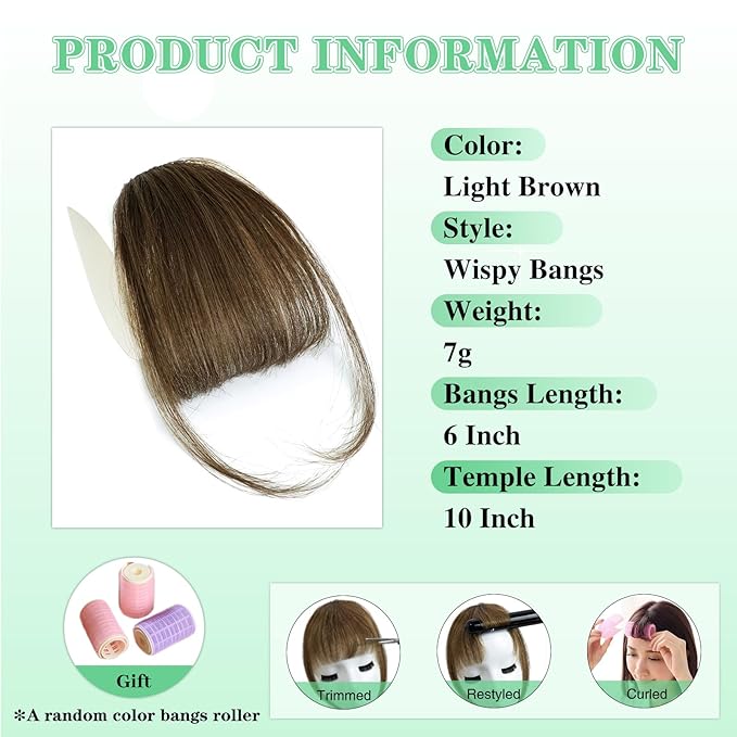 NAYOO Bangs Hair Clip - Light Brown Fake Bangs 100% Real Human Hair Extensions Wispy Bangs for Women Fringe with Temples Hairpieces Curved Bangs for Daily Wear(Light Brown, Wispy Bangs)