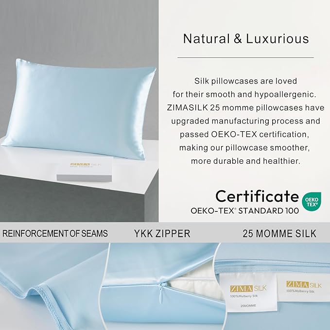 ZIMASILK 25 Momme 100% Pure Mulberry Silk Pillowcase for Hair and Skin Care, Highest Grade 6A Pillow Cases for Women, Long-Lasting Durablity, Gift for Women Men, 1Pc (Queen 20"x30", Light Blue)