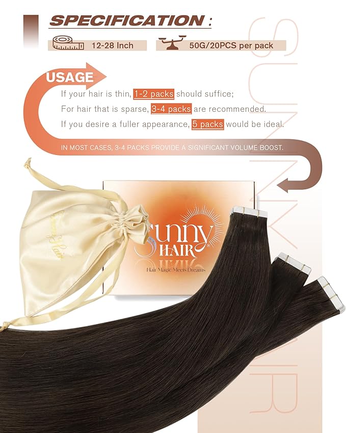 Sunny Hair Tape in Hair Extensions,Dark Brown Tape in Hair Extensions Human Hair Invisible Remy Human Hair Tape in Extensions 12 inch 20Pcs