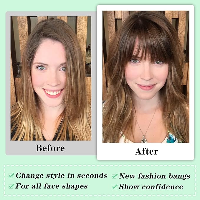 NAYOO Bangs Hair Clip - Medium Brown Fake Bangs 100% Real Human Hair Extensions French Bangs for Women Fringe with Temples Hairpieces
