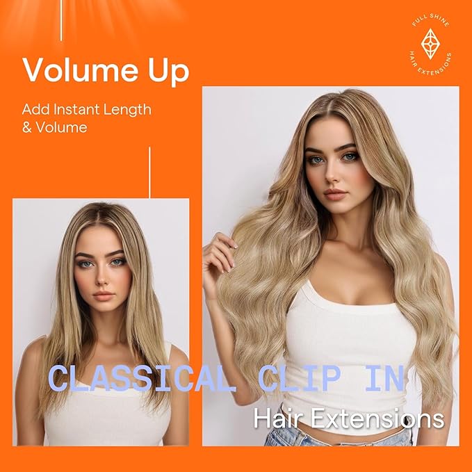 Full Shine Clip in Hair Extensions Human Hair Balayage Blonde Clip in Human Hair Extensions Golden Brown Balayage Dirty Blonde Double Weft Clip ins 18 Inch 7 Pcs 120 G