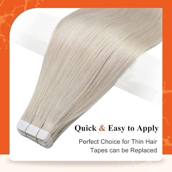 Full Shine Blonde Tape in Hair Extensions Color 1000 Blonde Remy Real Human Hair 14 Inch Double Sided Seamless Invisible Skin Weft Tape in Hair Extensions Brazilian Silky Add Volume 20 Pcs 50G