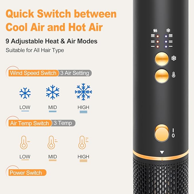 Hair Styler Hair Dryer Brush - 110,000 RPM High-Speed Hot Air Styler,Multi Stylers with Auto-Wrap Curler, Professional Blow Dryer Brush for Fast Curling Volumizing Styling (Black-Orange)