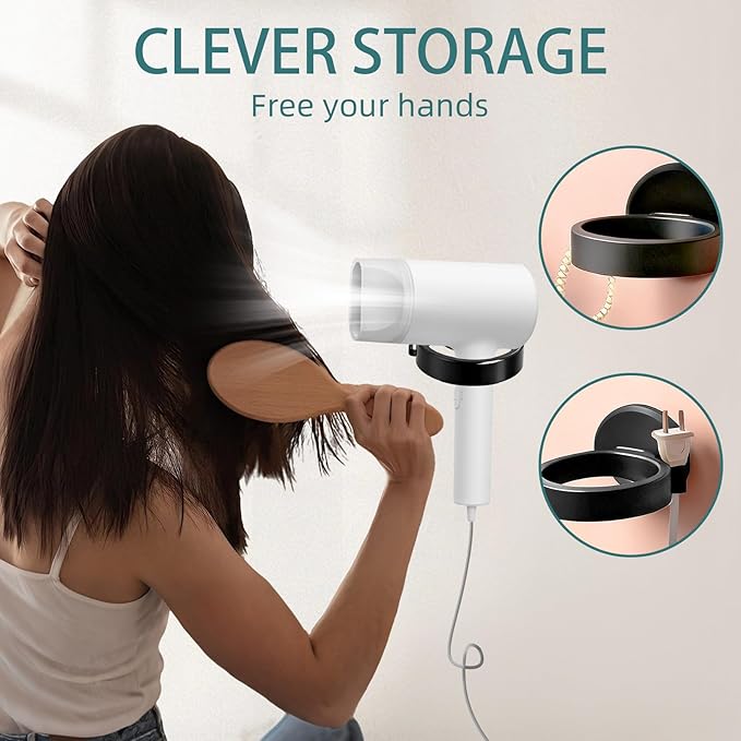 Hair Dryer Holder with Hook, Wall Mounted Bathroom Blow Dryer Storage Stand Self Adhesive Mount Hairdryer Hanger Rack Organizer for Salon Barber Shop Cabinet Hair Care Styling Tools (Black)
