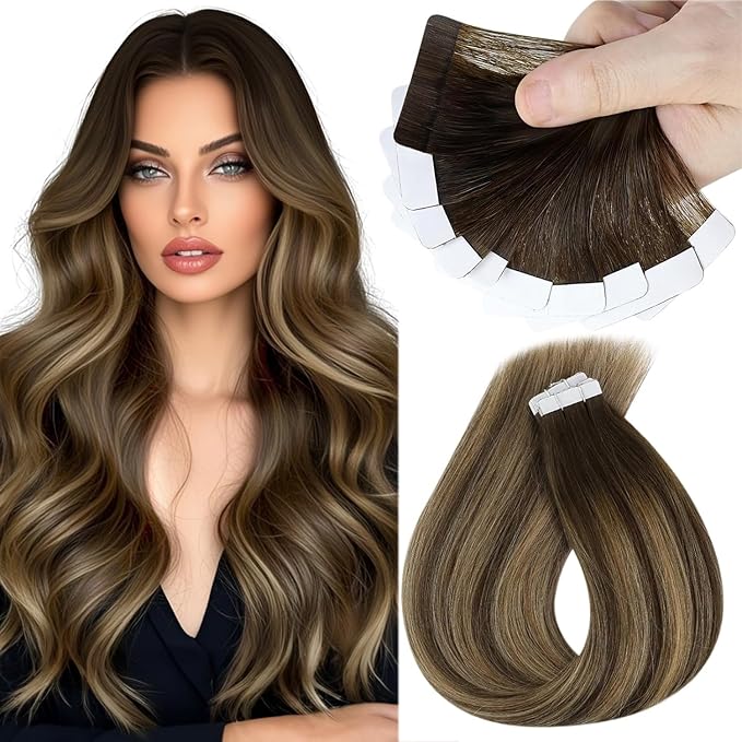 Sunny Hair Tape in Hair Extensions Real Human Hair Invisible Remy Hair Extensions Tape ins for Women Dark Brown Ombre Caramel Blonde Balayage 14 inch 25G