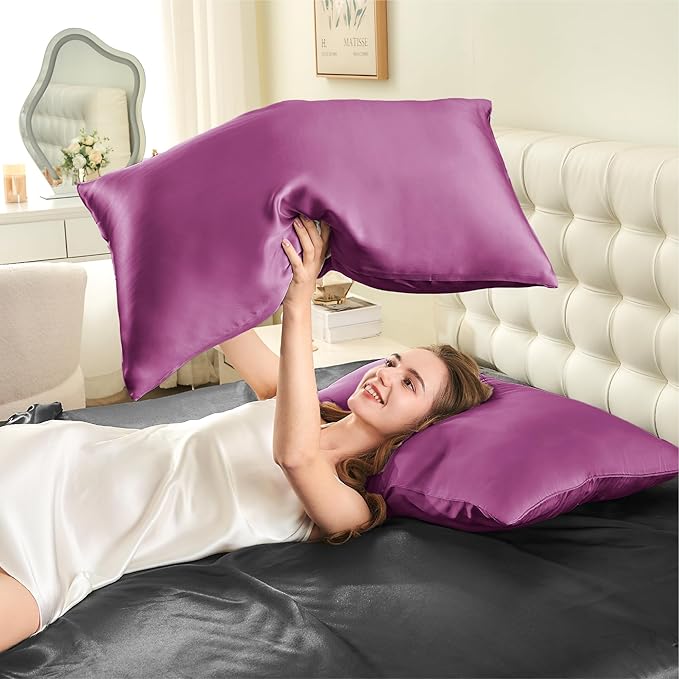 INFIIXSO Mulberry Silk Pillowcase for Hair and Skin, Silk Pillow Cases Queen Size Set of 2 with Hidden Zipper 20x30 Inches, Ultra Smooth and Soft Cooling Pillow Cases for Hot Sleepers(Purple, 2 Pack)