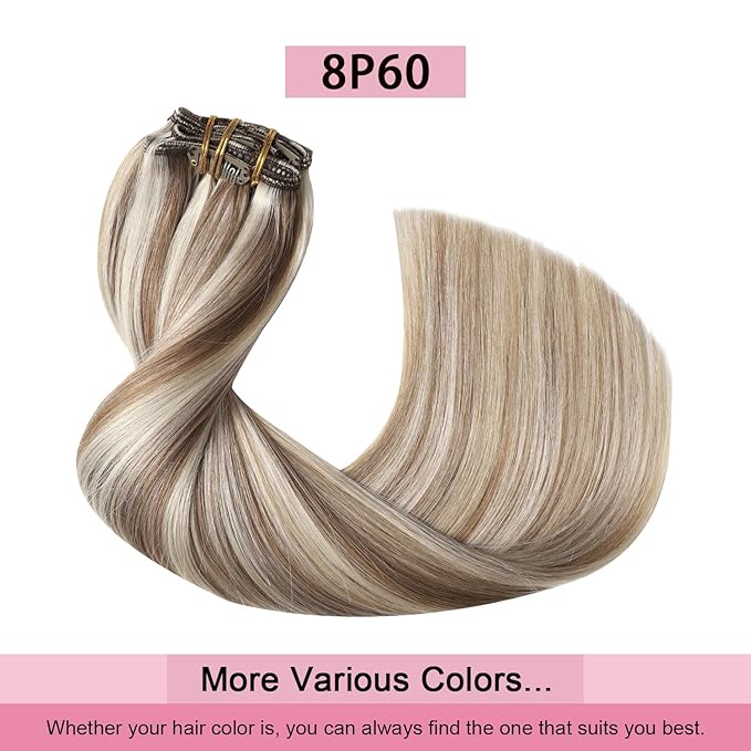 Pro2.0 Remy Clip in Extensions Real Human Hair Color #8p60 Brown Highlights Platinum Blonde Remy Clip in Hair Extensions Real Human Hair 18inch 120g Thick 7pcs Double Weft（#8p60-18inch）