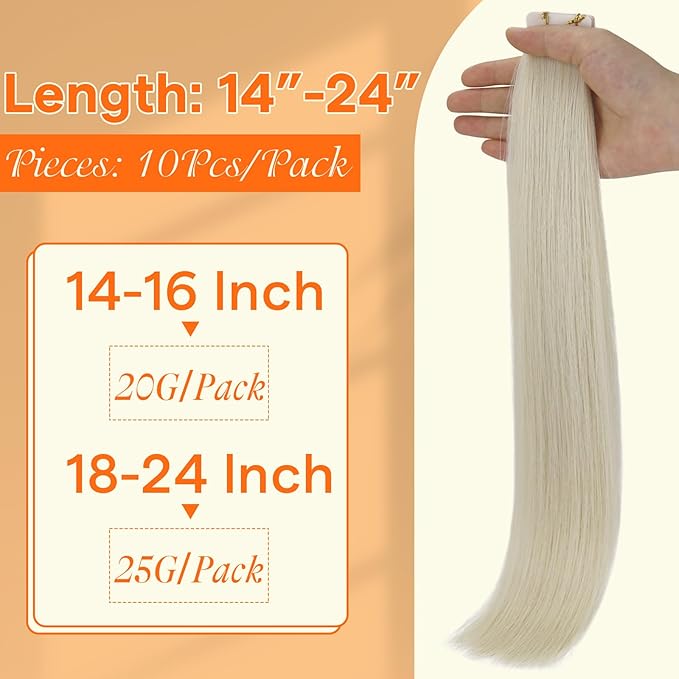 Full Shine Insert Virgin Tape in Hair Extensions 20Inch Color Ice Blonde Machine Remy Tape Hair Extensions Real Human Hair 25Grams Invisible Human Hair Tape In Extensions 10Pcs for Party