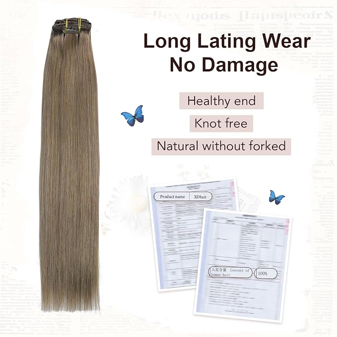XDhair Clip in Hair Extensions 100g 14Inch Ash Brown Clip in Human Hair Extensions Straight Clip In Real Hair Extension for Women (#8,14Inch)
