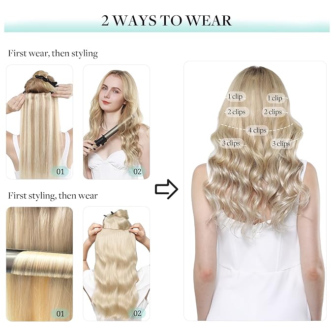 DOORES Clip in Human Hair Extensions Balayage Dark Blonde Highlighted Bleach Blonde 120g 7pcs 18 Inch Straight Thick Hair Extensions