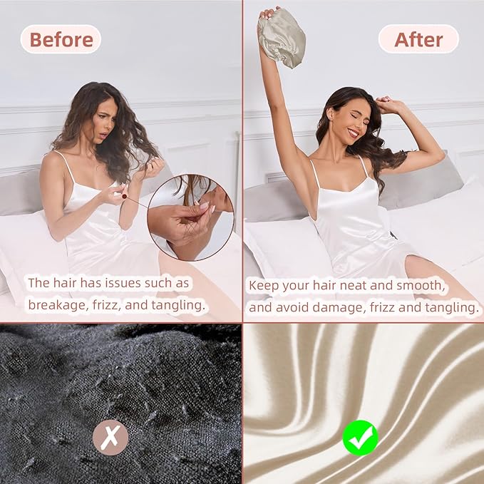Adjustable Silk Satin Hair Bonnet for Sleeping Women, Double Layer, Silk Hair Wrap for Sleeping Women Men, Curly Natural Braid Straight Unisex - Champagne