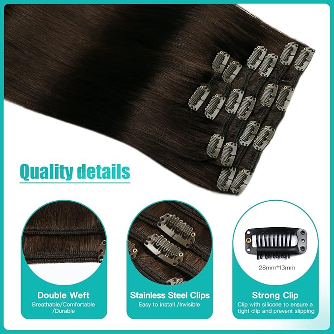 SURNEL Clip in Extensions Human Hair 6pcs 22inch 120g Dark Brown Human Hair Clip in Hair Extensions (#2,22'')