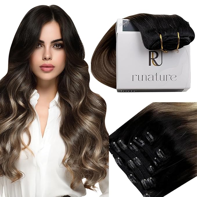 RUNATURE Balayage Clip in Hair Extensions Real Human Hair, Remy Hair Extensions Clip Ins, Short Human Hair Clip in Extensions, 12 Inch 70g 7pcs #1B/6/27 Black Rooted to Brown Highlight Honey Blonde
