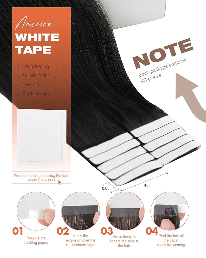 Sunny Hair Tape in Hair Extensions Human Hair 16inch Hair Extensions Real Human Hair Tape in Extensions for Women Jet Black Invisible Remy Hair Natural Straight Skin Weft Double Sided Tape 40pcs 100g