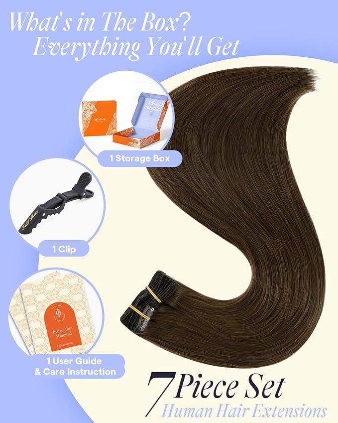 Full Shine Extensions for Women Real Hair 135 G Clip in Hair Extensions Human Hair for Adding Volume for Party 16 Inch 7 Pcs