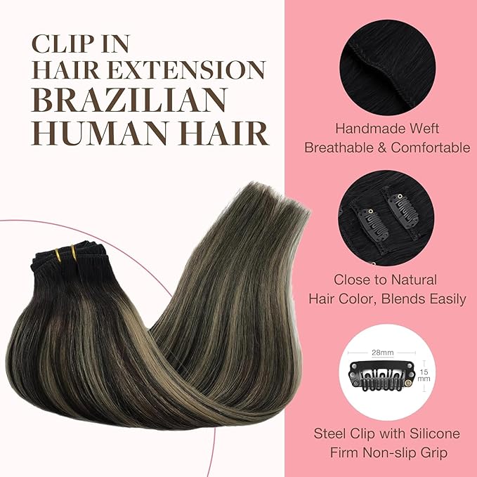 GOO GOO Clip in Hair Extensions Real Human Hair, Remy Human Hair Extensions Clip ins for Women, Natural Human Hair, 26 Inch 180g 7Pcs, 1B/16/1B Balayage Natural Black to Light Blonde