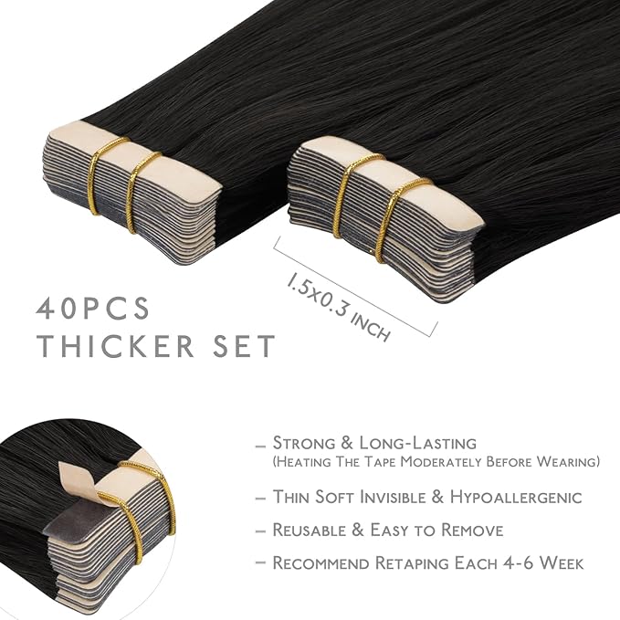 WENNALIFE Tape in Hair Extensions Human Hair, 40pcs 100g 14 inch Natural Black Hair Extensions Real Human Hair Straight Tape in Extensions Invisible Human Hair Extensions Reusable Real Hair Extensions
