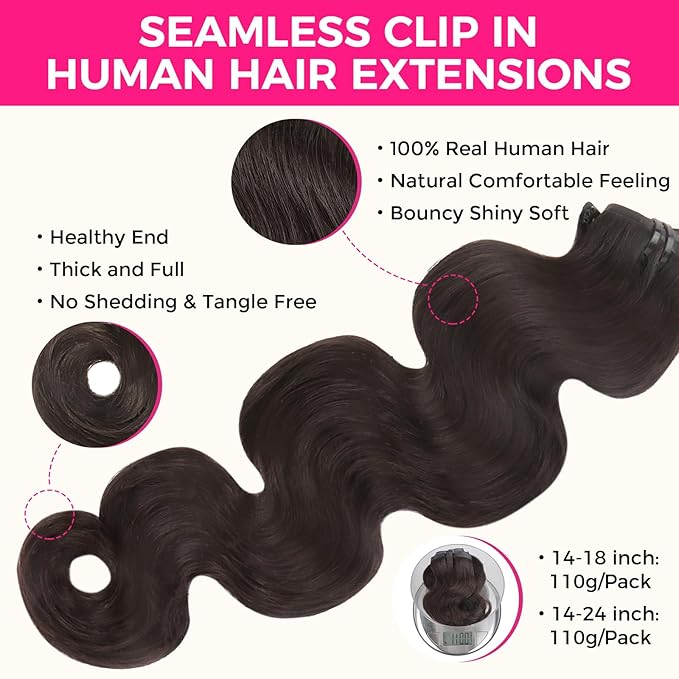 Lashey Seamless Clip in Hair Extensions Human Hair #2 Dark Brown Body Wave 7pcs 110g 22 Inch PU Weft Clip in Hair Extensions Real Human Hair for Women