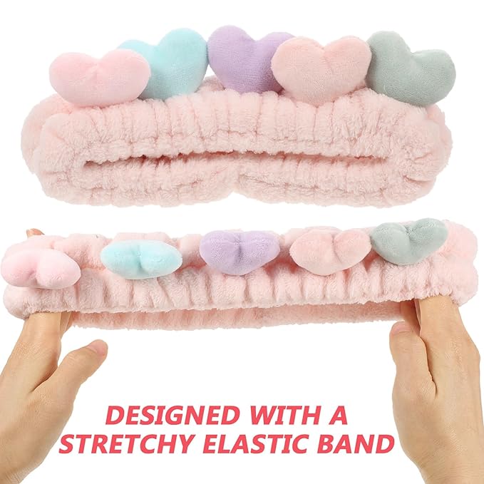 2pcs Heart Design Fuzzy Spa Hairbands for Women Elastic Stretch Makeup Head Wraps Skin-friendly Soft Comfortable Fit for Face Washing and Skincare Routine