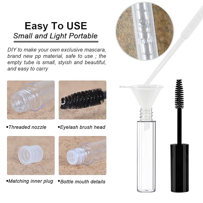 Debaishi 3 Pack 10ml Empty Mascara Tube Bottle with Eyelash Wand, Rubber Inserts, Funnels and Tubes, Cream Container Bottle with Funnels and Transfer Pipettes, for Castor Oil/Eyelash Growth Oil