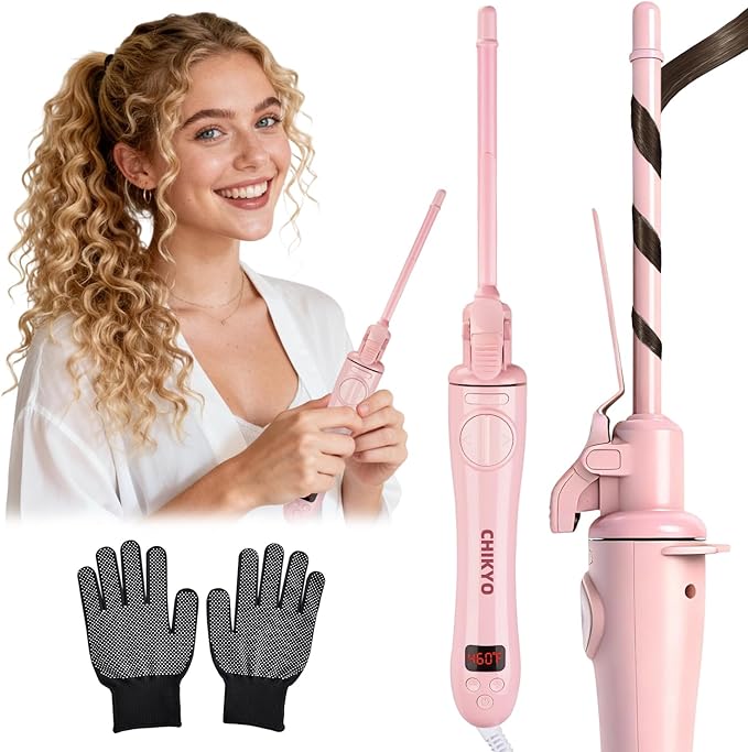 CHIKYO Automatic 9mm Rotating Curling Iron, 3/8 Inch Ceramic Barrel Curling Wand, Tiny Small Automatic Hair Curler with Anti-Scald Press & Anti-Scald Stand, Curling Iron for Short Hair(Pink)