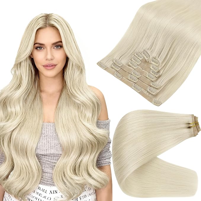 Full Shine Seamless Clip in Hair Extensions Blonde Seamless Hair Extension Clip ins PU Weft Straight Remy Hair Full Head for Women 18 Inch 8 PCS 120 G