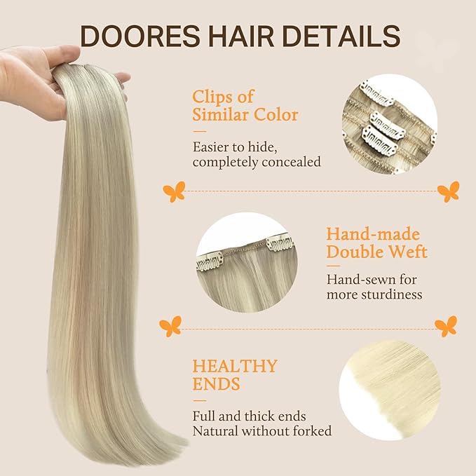 DOORES Clip in Hair Extensions Real Human Hair, Balayage Ash Blonde Highlighted Platinum Blonde 120g 7pcs 18 Inch Natural Straight Thick