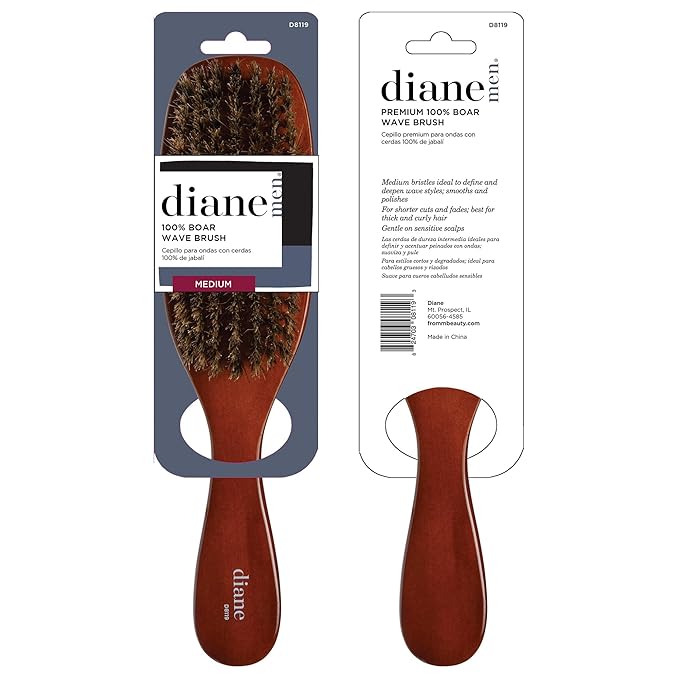 Diane Premium 100% Boar Wave Brush for Men and Barbers, Mens Hair Brush– Medium Bristles for Thick Coarse Hair – Use for Detangling, Smoothing, Wave Styles, Soft on Scalp, Restore Shine and Texture