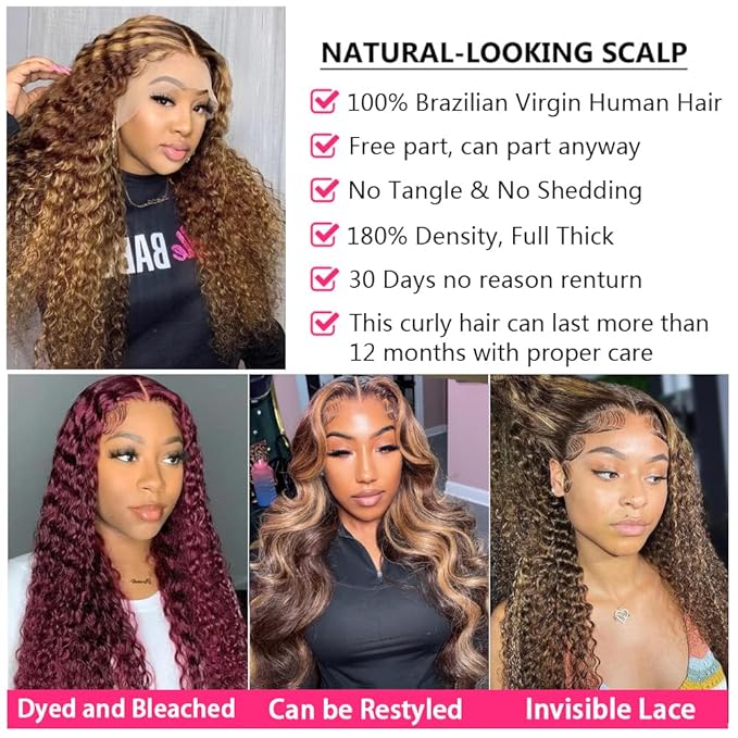 Bangjazz 32 Inch Ombre Lace Front Wig - Deep Wave, 13x4 HD Lace Frontal, 180% Density, P4/27 Colored Curly Wig - Glueless, Pre Plucked