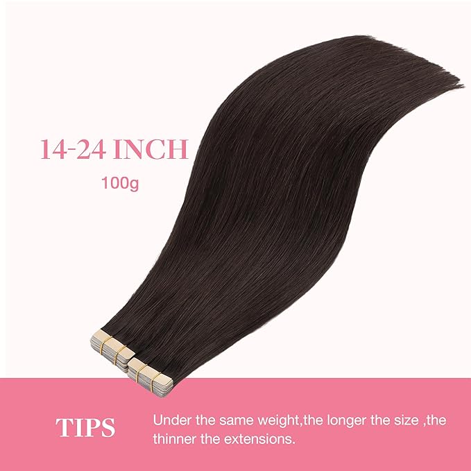 GOO GOO Tape in Hair Extensions Human Hair, 2A Light Brown, 16inch 100g 40pcs, Skin Weft Seamless Invisible, Silky Straight with Thick Ends, Remy Human Hair