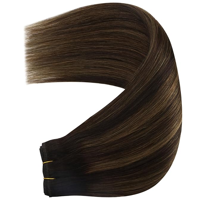 YoungSee 125g Weft Hair Extensions Brown Balayage Sew in Hair Extensions Balayage Medium Brown Mix Dark Sew in Hair Extension Real Human Hair for Women 22 Inch