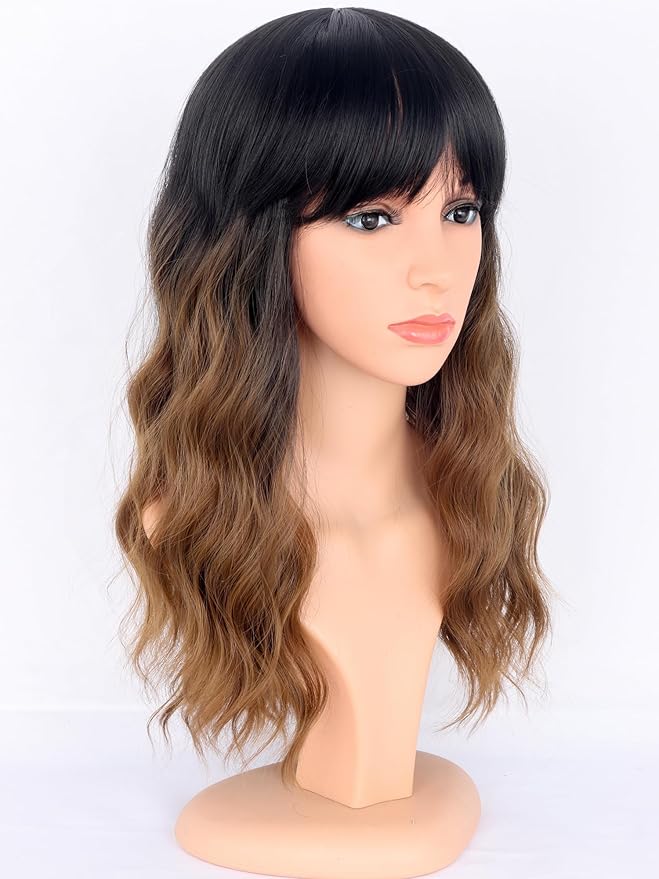Ombre Brown Wavy Wigs with Bangs for Women - Medium Length Black To Brown Synthetic Wigs for Daily Party Use