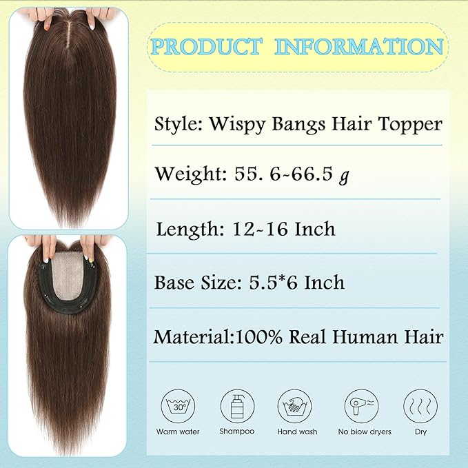 Hair Toppers for Women Real Human Hair, 360° 3D Toppers Pieces for Women with Thinning Crown Wispy Bangs 12 Inch Upgrade Big Basement (Mocha Brown, 12 Inch Wispy Bangs)