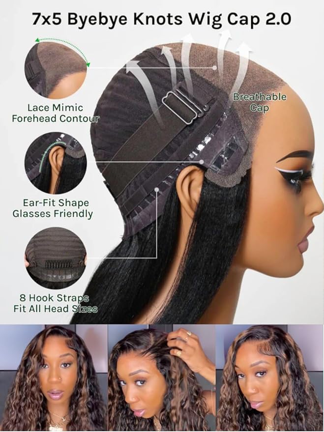 KLAIYI Golden Brown Water Wave Bye Bye Knots Glueless Wig Human Hair Highlight 7x5 Precut Lace Front Pre Plucked Bleached Ombre 3S Ready to Wear Go Beginners Wig with Dark Roots Deep Curly Wave 16Inch