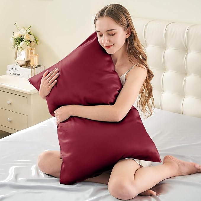 INFIIXSO Mulberry Silk Pillowcase for Hair and Skin, Silk Pillow Cases Queen Size Set of 2 with Hidden Zipper 20x30 Inches, Smooth and Soft Cooling Pillow Cases for Hot Sleepers(Burgundy, 2 Pack)