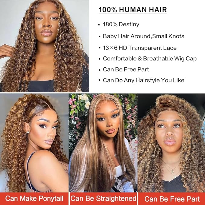 Highlight Ombre 13x6 Lace Front Wig Human Hair Deep Wave Honey Blonde Glueless HD Transparent Lace Frontal Wigs for Women 180 Density Human Hair (highlight ombre deep wave, 34 inch)