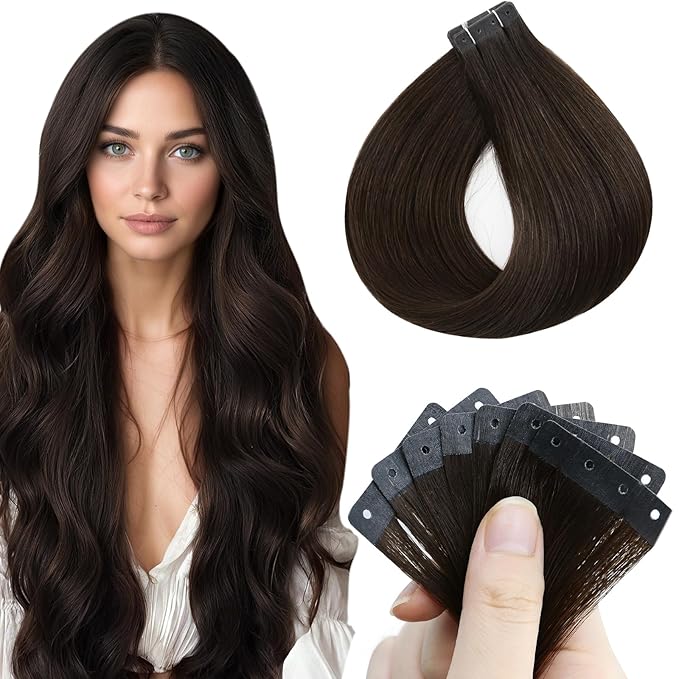 Full Shine Holed Tape Extensions Human Hair Dark Brown 20PCS 50G Tape in Hair Extensions Human Hair 24Inch Invisible PU No Glue No Clips for Party Brown Tape ins Soft Remy Glueless Straight