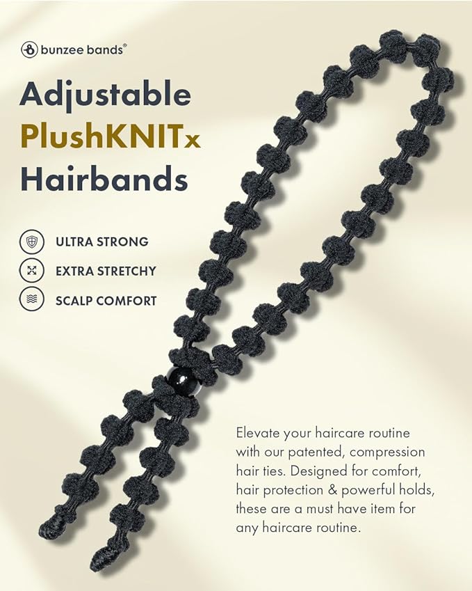 Bunzee Bands Large Adjustable Hair Ties for Thick, Thin, Curly, & Natural Types | No Damage Ponytail Holders for Braids, Locs, Puffs, Buns | Elastic Hairband Accessories for Women | Black (Set of 2)