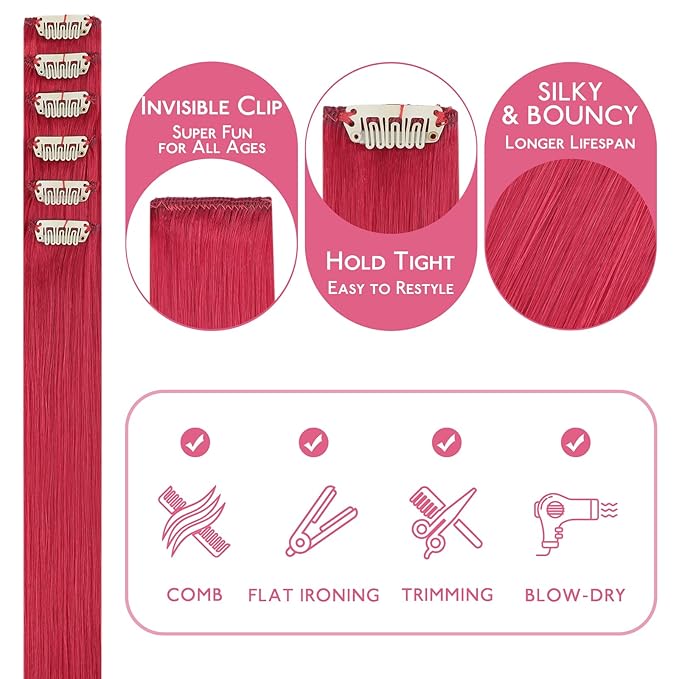 WENNALIFE Red Clip in Hair Extensions Real Human Hair 35g 6pcs 22 Inch Colored Hair Extensions for Kids Women Colorful Hair Pieces Pop-up Style Straight Extensiones De Cabello Humano Con Clip