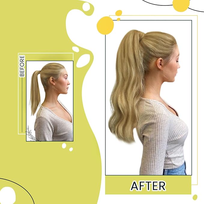 RUNATURE Ponytail Extension Human Hair, Blonde Real Hair Ponytail Extension, Wrap Around Human Hair Ponytail, Daily Wearing, Easy to Install, 18 Inch 80g #16P24 Golden Blonde Highlights