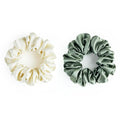 22 Momme 100% Mulberry Silk Scrunchies (2 Pack, Cream White, Olive Green), Well-Hold Elastic for No-Damage, Soft Hair Ties, 6A Grade, OEKO-TEX Certified, Reduces Frizz & Breakage