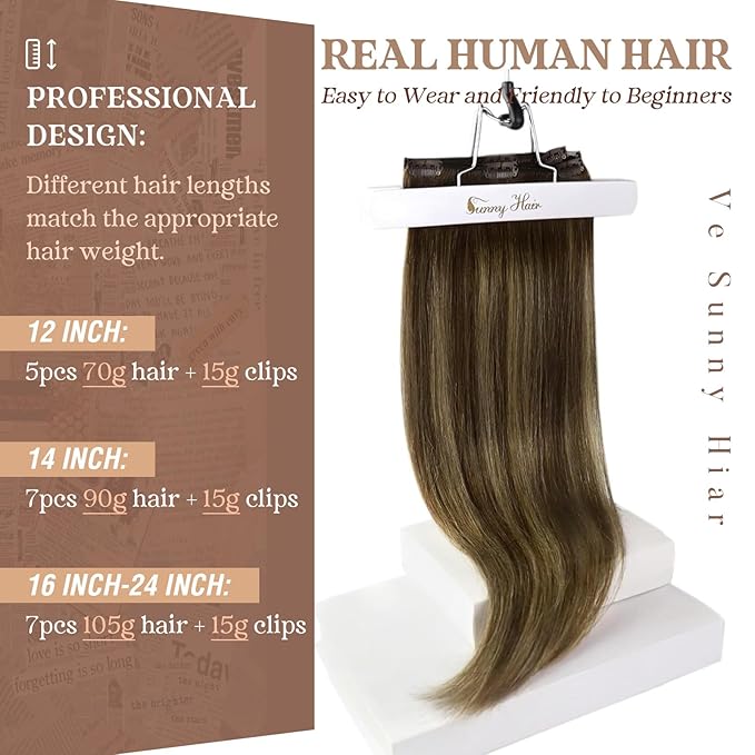 Ve Sunny Clip in Hair Extensions Real Human Hair, Human Hair Clip in Extensions, Balayage Clip in Hair Extensions Dark Brown Ombre Caramel Blonde, 12inch 5pcs 80g