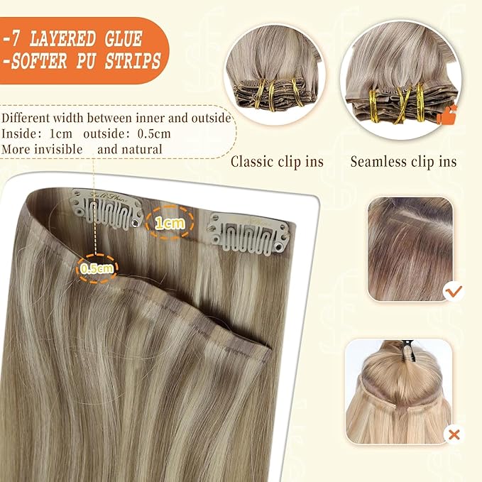 Full Shine Clip in Hair Extensions 24 inch 160g 8Pcs Seamless Clip in Hair Extensions Dark Blonde Mix Light Blonde Remy Hair Clip ins for Women