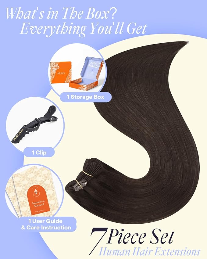 Full Shine Clip in Hair Extensions Dark Brown 24 Inch 220 G Long Dark Brown Hair Extensions Thick Human Hair Clip in Extensions for Length 7 Pcs