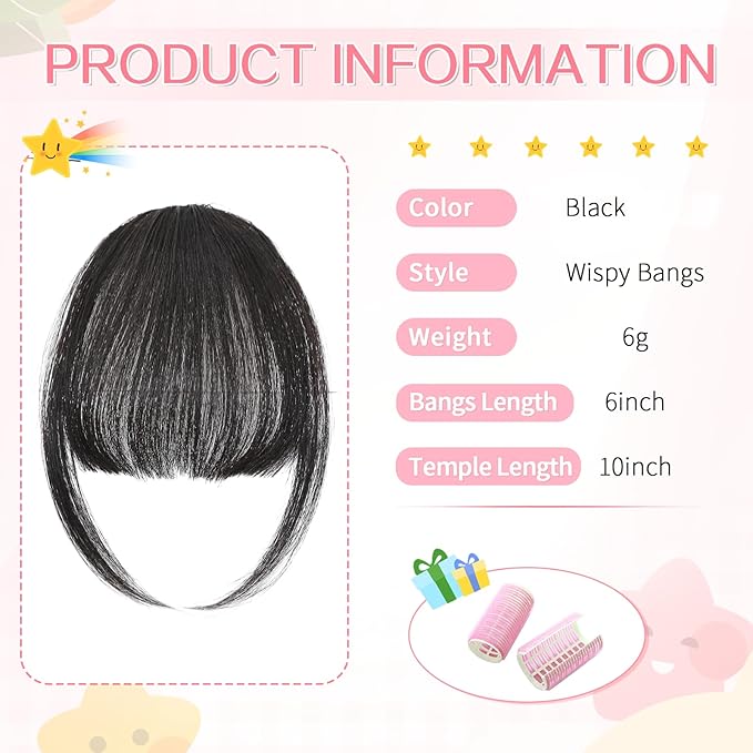 Clip in Bangs 100% Real Human Hair, Wispy Bangs Hair Clip, Fake Bang Fringe with Temples Hairpieces for Women Daily Wear (Black, Wispy Bangs)