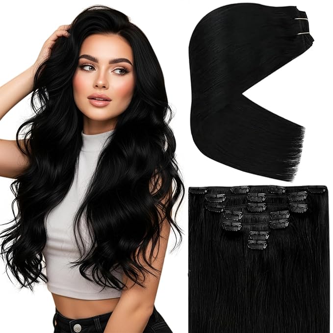 Ve Sunny Clip in Human Hair Extensions Black Clip in Hair Extensions Double Weft Clip ins Real Hair Extensions for Women 20 Inch 7Pcs 120g