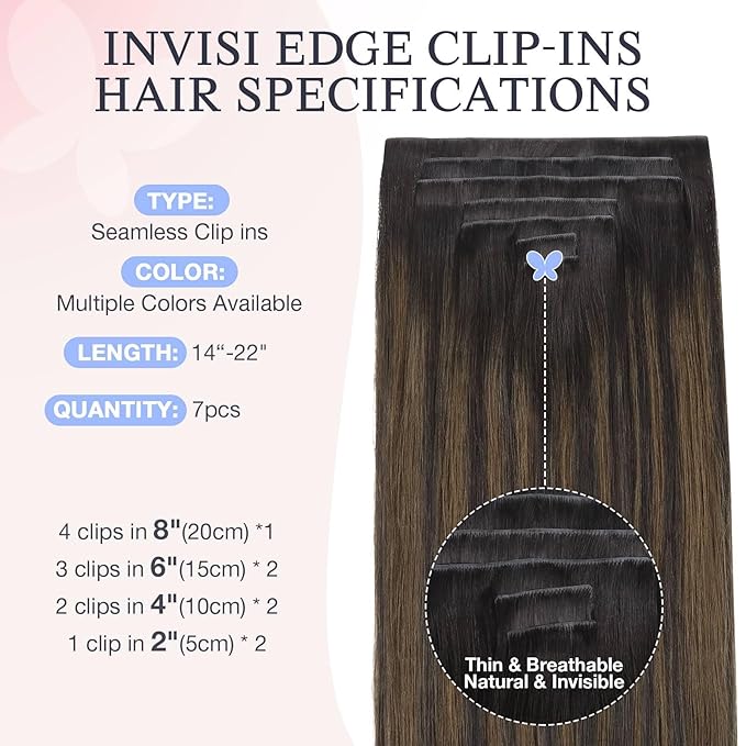 DOORES Hair Extensions Real Human Clip in 14 inch 120g 7pcs Invisi Edge, Seamless Clip in Hair Extensions Invisible Clipins Virgin Injected Skin Weft, 2/6/2 Dark Brown to Chestnut Brown
