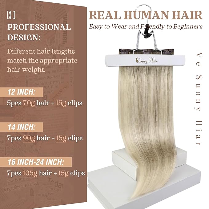 Ve Sunny Clip in Hair Extensions Balayage Remy Human Hair Clip in Extensions Full Head Ash Grey Ombre Platinum Blonde Straight Real Hair Extensions for Women 7pcs 120g 16 inch