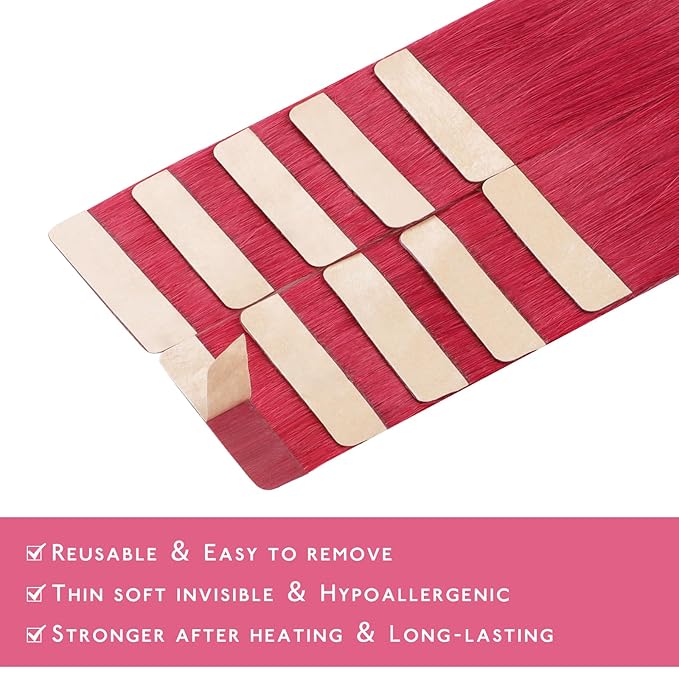 WENNALIFE Tape in Hair Extensions Human Hair Red Tape in Extensions, 10pcs 30g 20 inch Remy Invisible Tape Ins Straight Colored Soft Real Human Hair Tape in Extensions Refill Set Extensions