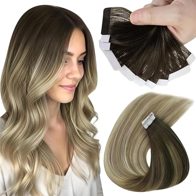 Sunny Tape in Hair Extensions Human Hair Dark Brown Balayage Blonde Hair Extensions Real Human Hair Tape ins 24 Inch Tape in Extensions 20Pcs 50g